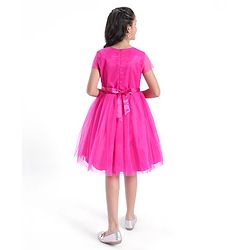 Pine Kids Half Sleeves Sequin Knee Length Party Wear Dress- Hot Pink