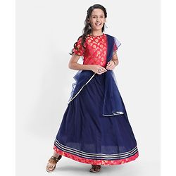 Pine Kids Rayon Half Sleeves Brocade Choli Lehenga  Set- Navy