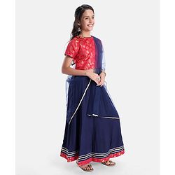 Pine Kids Rayon Half Sleeves Brocade Choli Lehenga  Set- Navy
