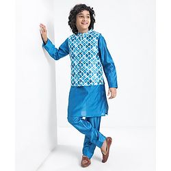 Pine Kids Full Sleeves Kurta Pyjama Set with Printed Bandi - Blue
