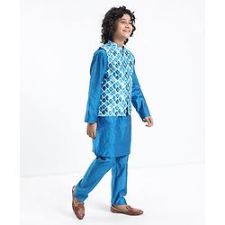 Pine Kids Full Sleeves Kurta Pyjama Set with Printed Bandi - Blue