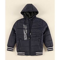 Pine Kids Full Sleeves Medium Winter Hooded Jacket Text Print - Navy Blue