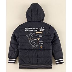 Pine Kids Full Sleeves Medium Winter Hooded Jacket Text Print - Navy Blue