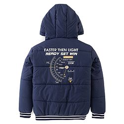 Pine Kids Full Sleeves Medium Winter Hooded Jacket Text Print - Navy Blue