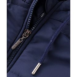 Pine Kids Full Sleeves Medium Winter Hooded Jacket Text Print - Navy Blue