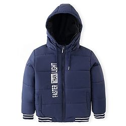 Pine Kids Full Sleeves Medium Winter Hooded Jacket Text Print - Navy Blue