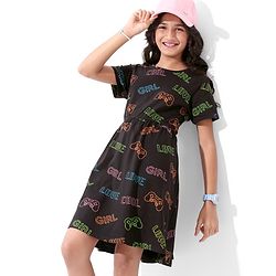 Pine Kids Cotton Knitted Text Printed Half Sleeves Frock - Black