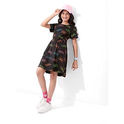 Pine Kids Cotton Knitted Text Printed Half Sleeves Frock - Black