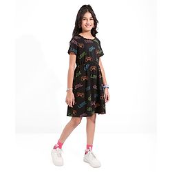 Pine Kids Cotton Knitted Text Printed Half Sleeves Frock - Black