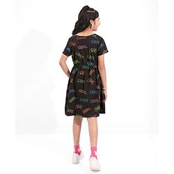 Pine Kids Cotton Knitted Text Printed Half Sleeves Frock - Black