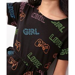 Pine Kids Cotton Knitted Text Printed Half Sleeves Frock - Black