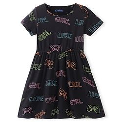 Pine Kids Cotton Knitted Text Printed Half Sleeves Frock - Black