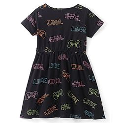 Pine Kids Cotton Knitted Text Printed Half Sleeves Frock - Black