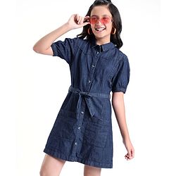 Pine Kids Cotton Woven Half Sleeves Front Full Placket Button Collared Solid Color Denim Dress With Self Fabric Belt- Blue