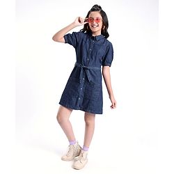Pine Kids Cotton Woven Half Sleeves Front Full Placket Button Collared Solid Color Denim Dress With Self Fabric Belt- Blue