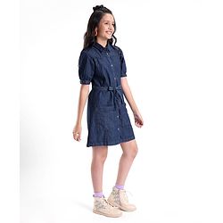 Pine Kids Cotton Woven Half Sleeves Front Full Placket Button Collared Solid Color Denim Dress With Self Fabric Belt- Blue