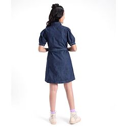 Pine Kids Cotton Woven Half Sleeves Front Full Placket Button Collared Solid Color Denim Dress With Self Fabric Belt- Blue