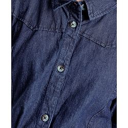 Pine Kids Cotton Woven Half Sleeves Front Full Placket Button Collared Solid Color Denim Dress With Self Fabric Belt- Blue