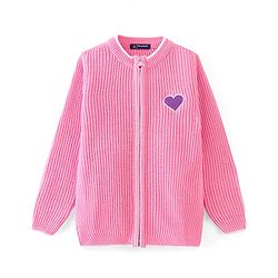 Pine Kids Fine Knit Full Sleeves Zipper Sweater With Heart Embroidery - Pink