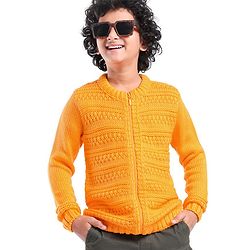 Pine Kids Full Sleeves Front Zipper Cable Knit Sweater - Mustard