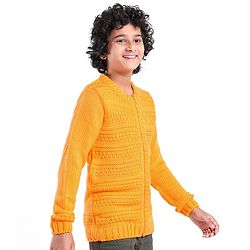 Pine Kids Full Sleeves Front Zipper Cable Knit Sweater - Mustard