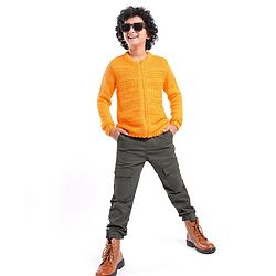 Pine Kids Full Sleeves Front Zipper Cable Knit Sweater - Mustard