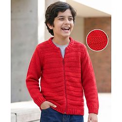 Pine Kids Full Sleeves Front Zipper Cable Knit Sweater  - Red