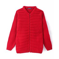 Pine Kids Full Sleeves Front Zipper Cable Knit Sweater  - Red