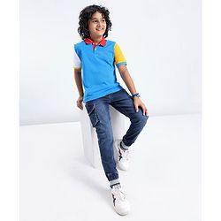 Pine Kids 100% Cotton Knit Half Sleeves Biowashed Solid Color Polo T-Shirts - Blue Aster