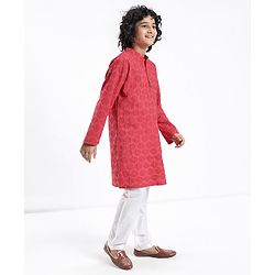 Pine Kids Cotton Woven Full Sleeves Pintucks Kurta Pyjama Set - Red