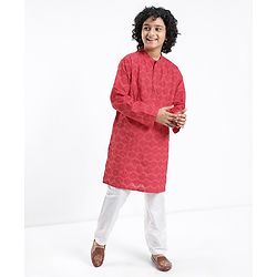 Pine Kids Cotton Woven Full Sleeves Pintucks Kurta Pyjama Set - Red