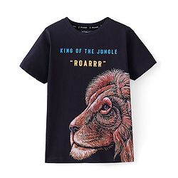 Pine Kids 100% Cotton Knit Half Sleeves T-Shirt Lion Print - Black