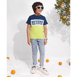 Pine Kids 100% Cotton Knit Half Sleeves Cut & Sew T-Shirt with Text Print-Green & Blue
