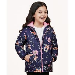 Pine Kids Full Sleeves Solid Reversible Medium Winter Jacket Floral Print - Navy Blue & Pink