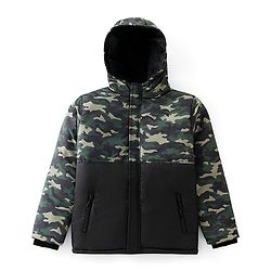 Pine Kids Woven Full Sleeves Cut And Sew Hooded Jacket With Camouflage Print - Olive And Black