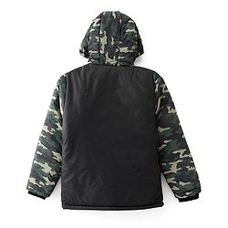 Pine Kids Woven Full Sleeves Cut And Sew Hooded Jacket With Camouflage Print - Olive And Black