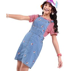 Pine Kids Denim Floral Embroidered Dungaree with Striped Half Sleeve Inner Tee - Multicolor