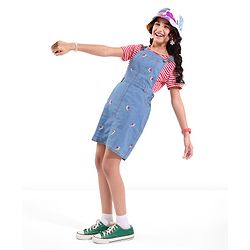 Pine Kids Denim Floral Embroidered Dungaree with Striped Half Sleeve Inner Tee - Multicolor