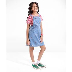 Pine Kids Denim Floral Embroidered Dungaree with Striped Half Sleeve Inner Tee - Multicolor