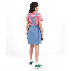 Pine Kids Denim Floral Embroidered Dungaree with Striped Half Sleeve Inner Tee - Multicolor