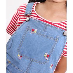 Pine Kids Denim Floral Embroidered Dungaree with Striped Half Sleeve Inner Tee - Multicolor