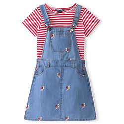 Pine Kids Denim Floral Embroidered Dungaree with Striped Half Sleeve Inner Tee - Multicolor