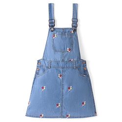 Pine Kids Denim Floral Embroidered Dungaree with Striped Half Sleeve Inner Tee - Multicolor
