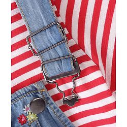 Pine Kids Denim Floral Embroidered Dungaree with Striped Half Sleeve Inner Tee - Multicolor