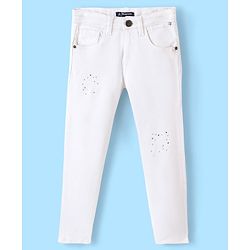 Pine Kids Ankle Length Stretchable Denim Jeans With Stud Embellishment - White
