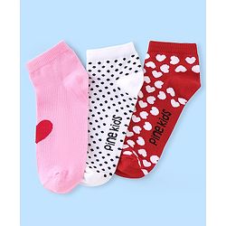 Pine Kids Low Ankle Length Socks Heart Design Pack of 3 - Red Pink & White