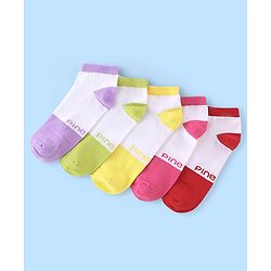 Pine Kids Low Ankle Length Socks Logo Design Pack of 5 - Purple Pink & Yellow