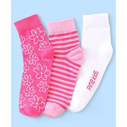 Pine Kids Cotton Spandex Knit High Ankle Socks Stripes & Floral Design Pack Of 3 - Pink & White