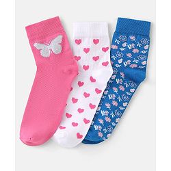 Pine Kids Cotton Spandex Knit High Ankle Socks Heart & Floral Design Pack Of 3 - Pink Blue & White