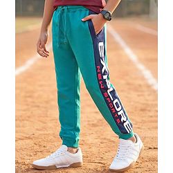 Pine Kids 100% Cotton Terry Knit Full Length Cut and Sew Stretchable Track Pants Text Print - Green
